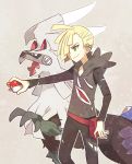  1boy blonde_hair gladio_(pokemon) green_eyes hair_over_one_eye hood hoodie poke_ball pokemon pokemon_(game) pokemon_sm short_hair silvally smile torn_clothes yoyterra 