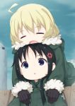  2girls :o ahoge anger_vein bangs black_gloves black_hair blonde_hair blue_eyes blue_sky blush chito_(shoujo_shuumatsu_ryokou) closed_eyes clouds commentary_request day drooling fur-trimmed_jacket fur-trimmed_sleeves fur_trim gloves green_jacket hair_between_eyes hair_tie highres jacket long_hair long_sleeves low_twintails lying_on_person military military_jacket military_uniform multiple_girls open_mouth outdoors parted_lips revision saliva shoujo_shuumatsu_ryokou sitting sky sleeping sleeves_past_wrists tomifumi twintails uniform yuuri_(shoujo_shuumatsu_ryokou) 
