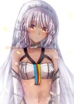  1girl altera_(fate) bangs bare_shoulders blush bra breasts choker detached_sleeves eyebrows_visible_through_hair fate/grand_order fate_(series) head_tilt looking_at_viewer medium_breasts navel necktie parted_lips purple_hair red_eyes short_hair solo tanaji twitter_username underwear upper_body veil white_background white_bra 
