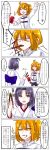  2girls 5koma ahoge black_hair blush box closed_eyes comic commentary_request directional_arrow fate/grand_order fate_(series) food food_on_face fujimaru_ritsuka_(female) holding holding_food kara_no_kyoukai matecharon mouth_hold multiple_girls orange_hair pocky pocky_day ryougi_shiki short_hair side_ponytail sparkle translation_request 
