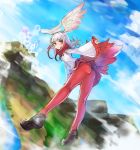  1girl ass bangs blunt_bangs blush breasts clouds flying fur_trim gradient_hair head_wings japanese_crested_ibis_(kemono_friends) kemono_friends loafers long_hair looking_at_viewer mhg_(hellma) mountain multicolored_hair outdoors pantyhose pleated_skirt red_legwear redhead shoes skirt sleeves_past_wrists solo two-tone_hair white_hair yellow_eyes 