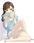  1girl blue_flower blue_shirt blush book braid breasts brown_eyes brown_hair cleavage commentary_request eyebrows_visible_through_hair fingernails flower full_body hair_flower hair_ornament holding holding_book kawai_makoto legs_crossed long_hair looking_at_book medium_breasts nail_polish open_book pink_nails reading shiny shiny_hair shirt shorts simple_background sitting solo sweat sweatdrop toenail_polish white_background white_shorts wide_sleeves 