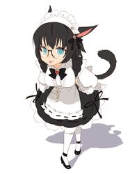  1girl :p animal_ears apron black_hair blue_eyes cat_ears cat_tail final_fantasy final_fantasy_xiv full_body glasses highres leaning_forward looking_at_viewer maid maid_apron maid_headdress mao_yu miqo&#039;te short_hair simple_background solo standing tail tongue tongue_out white_legwear 