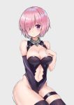  1girl between_legs black_gloves black_leotard blush breasts closed_mouth eyebrows_visible_through_hair eyes_visible_through_hair fate/grand_order fate_(series) gloves grey_background hair_over_one_eye hand_between_legs large_breasts leotard looking_at_viewer navel_cutout qin shielder_(fate/grand_order) short_hair simple_background single_glove sitting solo thigh-highs thigh_strap thighs 