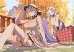  autumn azur_lane belfast_(azur_lane) breasts closed_eyes dress elbow_gloves gloves hat illustrious_(azur_lane) large_breasts maid_headdress outdoors picnic_basket red_cucumber sitting sketch thigh-highs white_hair 