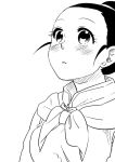  1girl black_eyes black_hair blush chi-chi_(dragon_ball) chinese_clothes dragon_ball dragonball_z earrings expressionless fukuko_fuku jewelry looking_away monochrome simple_background solo_focus tied_hair white_background 