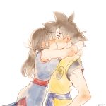  1boy 1girl arms_around_neck black_eyes black_hair chi-chi_(dragon_ball) chinese_clothes closed_eyes dougi dragon_ball eyebrows_visible_through_hair fukuko_fuku hug kiss looking_at_another ponytail simple_background son_gokuu spiky_hair twitter_username white_background wristband 