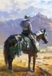  1boy armor blue_sky breastplate castle clouds cloudy_sky day facing_away from_behind full_armor gauntlets greaves helmet highres horseback_riding knight ling_xiang original outdoors plate_armor reins riding saddle signature sitting sky solo spaulders visor_(armor) 