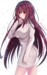  1girl bangs blush breasts closed_mouth cowboy_shot eyebrows_visible_through_hair fate/grand_order fate_(series) from_side grey_sweater hair_intakes highres large_breasts long_hair long_sleeves looking_at_viewer naked_sweater purple_hair red_eyes ribbed_sweater sad scathach_(fate/grand_order) sleeves_past_wrists solo sparkle sweater sweater_vest tanaji twitter_username 