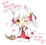  1girl 2018 ;d ahoge animal animal_ears bangs bell blush brown_eyes cat_ears cat_girl cat_tail chibi commentary_request cup dog eyebrows_visible_through_hair fang green_tea hair_bell hair_between_eyes hair_ornament hair_ribbon hairclip hakama happy_new_year head_tilt heart heart_ahoge holding holding_cup japanese_clothes jingle_bell long_sleeves looking_at_viewer lying miko new_year no_shoes on_stomach one_eye_closed open_mouth original pantyhose paw_print red_hakama red_ribbon ribbon ribbon-trimmed_sleeves ribbon_trim short_hair sitting smile solo tail tea translated twintails white_background white_hair white_legwear wide_sleeves xiaosamiao year_of_the_dog yokozuwari yunomi 