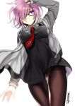  1girl artist_name black_skirt breasts brown_legwear fate/grand_order fate_(series) glasses grey_jacket hair_over_one_eye hand_up impossible_clothes jacket large_breasts pantyhose red_neckwear shielder_(fate/grand_order) short_hair skirt solo standing violet_eyes wtnbmasato zipper 