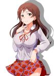  1girl absurdres blush breasts brown_eyes brown_hair cleavage highres idolmaster idolmaster_million_live! j.roswel kitazawa_shiho large_breasts lifted_by_self long_hair looking_at_viewer parted_lips school_uniform shadow skirt skirt_lift smile solo white_background 