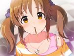  1girl blush breasts brown_eyes brown_hair food idolmaster idolmaster_cinderella_girls jewelry looking_at_viewer mouth_hold natsuya necklace off_shoulder pocky portrait solo totoki_airi twintails 