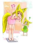  2girls ? after_bath animal_ears bare_arms bare_legs bare_shoulders barefoot bathroom blonde_hair blush breasts child cleavage covering_mouth doitsuken drinking eyebrows_visible_through_hair fox_ears fox_tail green_eyes highres indoors leaning_forward long_hair looking_at_another looking_down medium_breasts milk mother_and_daughter multiple_girls naked_towel original pink_eyes short_hair tail towel turn_pale weighing_scale weight_conscious wet_tail 