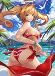  1girl :q ass beach bikini bird blonde_hair blue_sky cowboy_shot day fate/extra fate/grand_order fate_(series) from_behind green_eyes halterneck long_hair looking_at_viewer looking_back mkd78236 mountain nero_claudius_(swimsuit_caster)_(fate) ocean outdoors palm_tree saber_extra sarong side-tie_bikini sky smile solo striped striped_bikini swimsuit tongue tongue_out tree twintails 