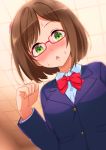  1girl bangs blazer blue_blazer blue_shirt blush bob_cut bow bowtie breasts brown_hair buttons ceiling collared_shirt constricted_pupils dot_nose dress_shirt embarrassed eyebrows_visible_through_hair glasses green_eyes hair_ornament head_tilt idolmaster idolmaster_cinderella_girls indoors jacket kisuna leaning_forward looking_at_viewer looking_down maekawa_miku medium_breasts open_mouth pink-framed_eyewear pov red_bow red_neckwear shirt short_hair solo sweat sweating_profusely swept_bangs upper_body 