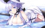  1girl azur_lane blue_eyes breasts choker cleavage collarbone commentary_request dress elbow_gloves garter_straps gloves hair_ornament hat illustrious_(azur_lane) kon_(k0n16) large_breasts long_hair looking_at_viewer lying on_stomach shallow_water silver_hair smile solo sun_hat tri_tails white_dress white_gloves white_legwear 