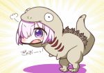  1girl :d blush chibi commentary_request cosplay emphasis_lines eyebrows_visible_through_hair fang fate/grand_order fate_(series) hair_over_one_eye highres jako_(jakoo21) looking_at_viewer monster_in_kamata monster_in_kamata_(cosplay) one_eye_covered open_mouth purple_hair shielder_(fate/grand_order) shin_godzilla short_hair smile solo standing v-shaped_eyebrows violet_eyes 