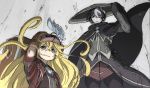  2girls black_cape black_eyes black_gloves black_hair black_jacket black_pants blonde_hair blue_eyes brown_gloves cape closed_mouth eyebrows_visible_through_hair frown gloves hair_between_eyes hand_on_headwear hat hat_feather jacket long_hair looking_at_viewer lyza made_in_abyss mi_(pic52pic) multicolored_hair multiple_girls ozen pants silver_background smile standing two-tone_hair very_long_hair whistle white_hair 