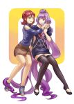  2girls azu_deltachan blue_eyes highres implied_yuri kaname_buccaneer long_hair macross macross_delta mikumo_guynemer multicolored_hair multiple_girls necktie purple_hair red_eyes redhead short_hair skirt sweater thigh-highs two-tone_hair very_long_hair 