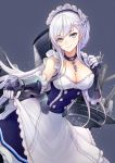  1girl apron azur_lane bangs belfast_(azur_lane) blue_background blue_eyes breasts chains cleavage closed_mouth collar curtsey eyebrows_visible_through_hair frilled_apron frills gauntlets half-closed_eyes hands_up kyoeiki large_breasts long_hair looking_at_viewer maid maid_headdress silver_hair simple_background smile solo tsurime turret white_hair 