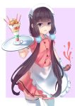  1girl absurdly_long_hair absurdres blend_s bottle brown_hair eyebrows_visible_through_hair food gloves highres holding holding_tray holmemee ice_cream long_hair looking_at_viewer parted_lips sakuranomiya_maika shaded_face solo sundae tray twintails very_long_hair violet_eyes white_gloves 