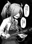  1girl ahoge artist_name asashimo_(kantai_collection) baseball_bat bow bowtie commentary_request ebiblue hair_over_one_eye highres holding kantai_collection long_hair long_sleeves looking_at_viewer nail nail_bat ponytail red_eyes school_uniform solo speech_bubble translated 