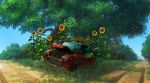  blue_sky broken car commentary_request day flower grass ground_vehicle motor_vehicle no_humans oropi outdoors road scenery sky sunflower tree under_tree 