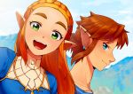 1boy 1girl :d blonde_hair blue_eyes braid day earrings eyebrows green_eyes hair_ornament hairclip highres jewelry link long_hair looking_at_viewer mountain open_mouth outdoors pointy_ears princess_zelda self_shot short_ponytail sky smile the_legend_of_zelda the_legend_of_zelda:_breath_of_the_wild thick_eyebrows 