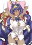 1girl armpits artist_request bangs blush bow bowtie breasts buttons cleavage dark_skin earrings epaulettes facial_mark fate/grand_order fate_(series) frame hair_tubes hairband hoop_earrings jackal_ears jacket jewelry large_breasts long_hair looking_at_viewer lying nitocris_(fate/grand_order) on_back open_clothes open_jacket open_mouth panties pillow purple_hair sidelocks simple_background skirt skirt_down sleeveless solo unbuttoned underwear very_long_hair violet_eyes white_background white_panties 