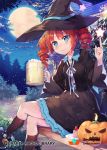  1girl alcohol beer beer_mug bench black_hat black_legwear blue_ribbon breasts cake company_name copyright_name drill_hair food fruit halloween hat hat_ribbon index_finger_raised jack-o&#039;-lantern kneehighs legs_crossed long_sleeves medium_breasts official_art orange_hair plate qurare_magic_library ribbon shoonear short_hair sitting solo star strawberry twin_drills witch_hat 