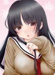  1girl :o bangs black_hair blunt_bangs blush breasts cleavage commentary_request enma_ai hime_cut jigoku_shoujo kozue_akari large_breasts long_hair long_sleeves looking_at_viewer red_eyes school_uniform serafuku solo upper_body 