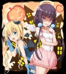  2girls :d bangs blend_s blonde_hair blue_dress blue_eyes blue_gloves blunt_bangs blush border breasts brown_hair building choker collarbone cowboy_shot demon_horns demon_tail demon_wings dress evil_smile eyebrows_visible_through_hair finger_to_mouth frilled_sleeves frills gloves hair_between_eyes halloween halo hand_on_own_thigh highres hinata_kaho horns jack-o&#039;-lantern leaning_forward long_hair looking_at_viewer low_twintails medium_breasts multiple_girls open_mouth outside_border pleated_skirt pom_pom_(clothes) saira sakuranomiya_maika shaded_face short_sleeves skirt sleeveless sleeveless_dress small_breasts smile tail thigh-highs twintails v very_long_hair violet_eyes white_wings wings 