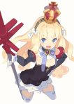  &gt;:d 1girl ahoge azur_lane bangs blonde_hair blue_eyes blush bow breasts cleavage crown curly_hair detached_collar detached_sleeves fang flat_chest gloves hair_bow hair_ornament hairband hajime_(hajime-ill-1st) headband highres holding holding_staff holding_weapon long_hair looking_at_viewer mini_crown neck_bow open_mouth queen_elizabeth_(azur_lane) ribbon simple_background smile solo staff thigh-highs v-shaped_eyebrows weapon white_background white_gloves white_legwear 