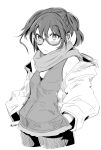  1girl alternate_costume cowboy_shot eyebrows_visible_through_hair glasses greyscale hair_between_eyes hands_in_pockets highres isetta jacket kantai_collection medium_hair monochrome scarf sendai_(kantai_collection) simple_background sleeveless_jacket solo twitter_username two_side_up white_background zipper 