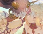  2girls :d bangs berserker_of_black blurry blurry_background blush bouquet closed_eyes closed_mouth depth_of_field detached_collar detached_sleeves dress eyebrows_visible_through_hair eyes_visible_through_hair fate/apocrypha fate_(series) flower green_eyes hair_between_eyes head_wreath headgear horn horns kibadori_rue looking_at_another multiple_girls open_mouth ponytail redhead saber_of_red smile veil 