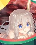  1girl azur_lane bangs blue_eyes blush collarbone commentary_request drink drinking_straw eyebrows_visible_through_hair fingernails fortune_(azur_lane) grey_hair hair_between_eyes hair_ornament hairclip hands_up highres kaina_(tsubasakuronikuru) long_hair looking_at_viewer nude parted_lips solo steam tears very_long_hair wet wet_hair 