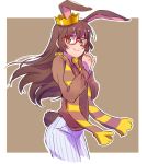  1girl animal_ears brown_eyes brown_hair bunny_girl bunny_tail check_commentary commentary_request crown glasses iesupa rabbit_ears rwby scarf seiyuu_connection solo tail velvet_scarlatina 