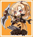  1girl :d azur_lane black_gloves bow bowtie brown_eyes cape chibi cleveland_(azur_lane) commentary_request devil_fever_(azur_lane) gloves halloween holding jack-o&#039;-lantern light_brown_hair long_hair looking_at_viewer machinery mismatched_legwear one_side_up open_mouth scythe shachoo. short_shorts shorts smile solo thigh-highs turret zettai_ryouiki 