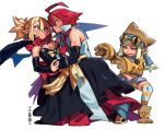  1boy 2girls adell_(disgaea) animal_hat artist_name back_bow black_dress blonde_hair bow breasts cat_hat cleavage couple dancing demon_girl demon_wings disgaea dress earrings eye_contact gloves goggles goggles_on_head hat highres jewelry looking_at_another makai_senki_disgaea_2 midriff multiple_girls navel necklace necktie paw_boots paw_gloves paws pointy_ears popped_collar redhead ribbon ring rozalin scar shawl short_shorts shorts simple_background smile stomach talez01 thief_(disgaea) white_background wings 