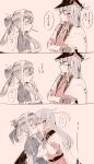  2girls ainu_clothes belt black_gloves blue_hair blush comic dress gangut_(kantai_collection) gloves grey_hair hair_between_eyes hair_ornament hairclip hat headband highres itomugi-kun jacket jacket_on_shoulders kamoi_(kantai_collection) kantai_collection kiss long_hair military military_hat military_uniform multicolored_hair multiple_girls naval_uniform open_mouth peaked_cap ponytail red_eyes red_shirt remodel_(kantai_collection) scar scar_on_cheek shirt silver_hair simple_background uniform white_hair 