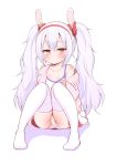  1girl animal_ears arm_support azur_lane bangs bare_shoulders blush camisole closed_mouth collarbone commentary_request eyebrows_visible_through_hair full_body hair_between_eyes hair_ornament hair_scrunchie hairband jacket laffey_(azur_lane) long_hair long_sleeves looking_at_viewer no_shoes off_shoulder open_clothes open_jacket panties pink_jacket purple_hair rabbit_ears red_eyes red_hairband red_scrunchie red_skirt scrunchie shiny shiny_skin simple_background sitting skirt solo striped striped_panties thigh-highs twintails underwear very_long_hair white_background white_camisole white_legwear youta_(asatsukidou) 