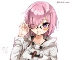  1girl chibirisu coat commentary_request dated eyebrows_visible_through_hair fate/grand_order fate_(series) food glasses hair_over_one_eye looking_at_viewer pocky pocky_day purple_hair shielder_(fate/grand_order) short_hair solo twitter_username violet_eyes 