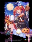  1girl bare_shoulders beer_mug black_legwear blue_eyes blush breasts candle collarbone company_name copyright_name drill_hair eyebrows_visible_through_hair full_body halloween heart jack-o&#039;-lantern kneehighs legs_crossed looking_at_viewer medium_breasts moon night official_art one_eye_closed open_mouth orange_hair orange_legwear outdoors qurare_magic_library shoonear short_hair sitting smile solo striped striped_legwear twin_drills 