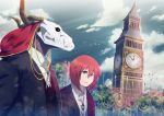  1boy 1girl absurdres amulet animal_skull clouds day elizabeth_tower ellias_ainsworth fence green_eyes hair_between_eyes hatori_chise highres horns jaokuma jewelry mahou_tsukai_no_yome outdoors redhead short_hair smile standing 