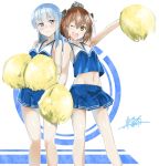  2girls ;d alternate_costume arm_up bangs bare_arms bare_legs bare_shoulders blue_eyes blue_hair blue_skirt blush brown_eyes brown_hair cheerleader frown hatsukaze_(kantai_collection) headgear highres holding kantai_collection legs_apart long_hair looking_at_viewer miniskirt multiple_girls navel one_eye_closed open_mouth pleated_skirt pom_poms round_teeth shinonome_yuu sidelocks signature skirt sleeveless smile stomach sweat teeth two-tone_background v-shaped_eyebrows wavy_mouth yukikaze_(kantai_collection) 