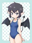  1girl black_hair blue_swimsuit centaur_no_nayami cowboy_shot demon_girl demon_tail demon_wings gokuraku_nozomi hakkatou highres looking_at_viewer monster_girl one-piece_swimsuit pointy_ears polka_dot polka_dot_background short_hair solo swimsuit tail violet_eyes wings 