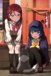  2girls animal anko_(love_live!_sunshine!!) black_hair dog highres hood hood_up hoodie long_hair love_live! love_live!_sunshine!! multiple_girls neck_ribbon open_mouth pink_eyes redhead ribbon sailor_collar sakurauchi_riko school_uniform shiimai smile squatting tsushima_yoshiko uranohoshi_school_uniform violet_eyes yellow_eyes 