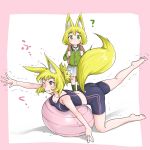  2girls ? absurdres animal_ears backpack bag ball bare_arms bare_shoulders barefoot bike_shorts blonde_hair blush breasts child cleavage commentary_request doitsuken exercise_ball eyebrows_visible_through_hair fang_out fox_ears fox_tail green_eyes green_legwear highres jewelry looking_at_another medium_breasts mother_and_daughter multiple_girls original pink_eyes reaching ring school_uniform short_hair skirt socks standing stretch stretched_limb tail tank_top trembling wedding_band white_background white_skirt 