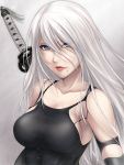  1girl android bare_shoulders black_tank_top blue_eyes blush breasts highres kobapyon long_hair looking_at_viewer medium_breasts mole mole_under_mouth nier_(series) nier_automata silver_hair simple_background solo sword_on_back upper_body very_long_hair yorha_type_a_no._2 